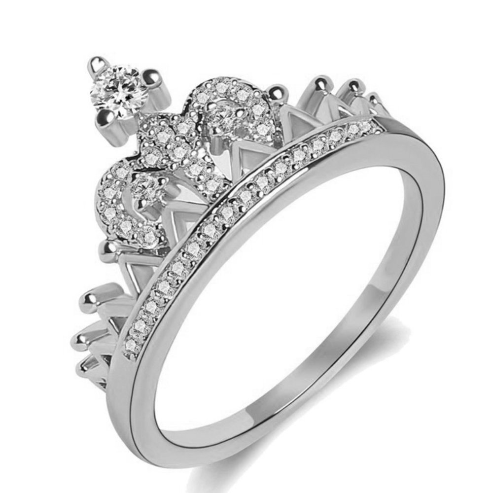 🎀 Sweet Beautiful Party Crystal Clear Heart Crown Lovely Ring Women, PD600